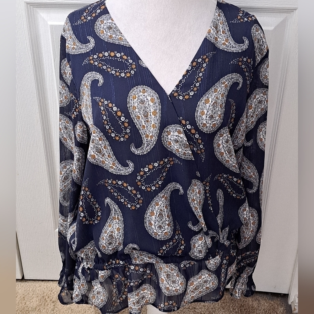Loft Outlet Blue Paisley Print Faux Wrap Blouse  Size L